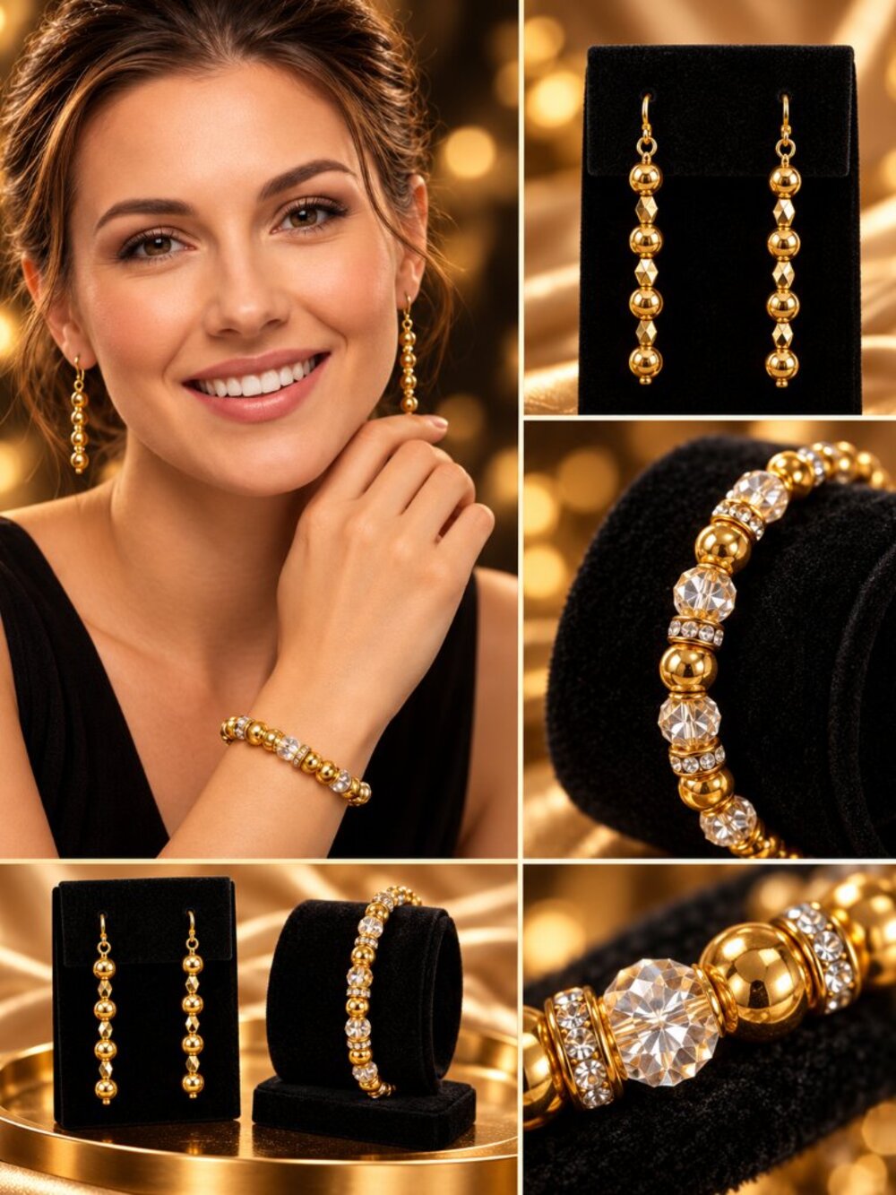 Gold Tone Beaded Dangle Earrings & Stretch Bracelet Jewelry Set